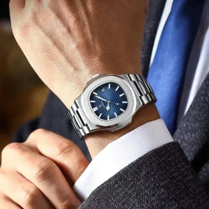 POEDAGAR Luxury Watch Business Waterproof Male Clock Luminous Date Stainless Steel--Blue Dail