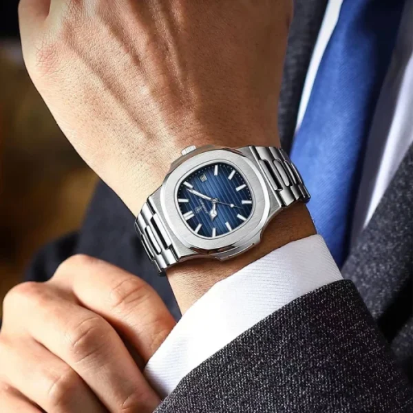 POEDAGAR Luxury Watch Business Waterproof Male Clock Luminous Date Stainless Steel--Blue Dail
