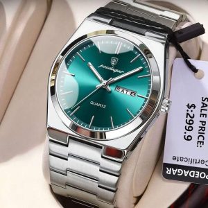 POEDAGAR Men's New Luxury Luminous Date Week Stainless Steel Quartz Watch For Men.
