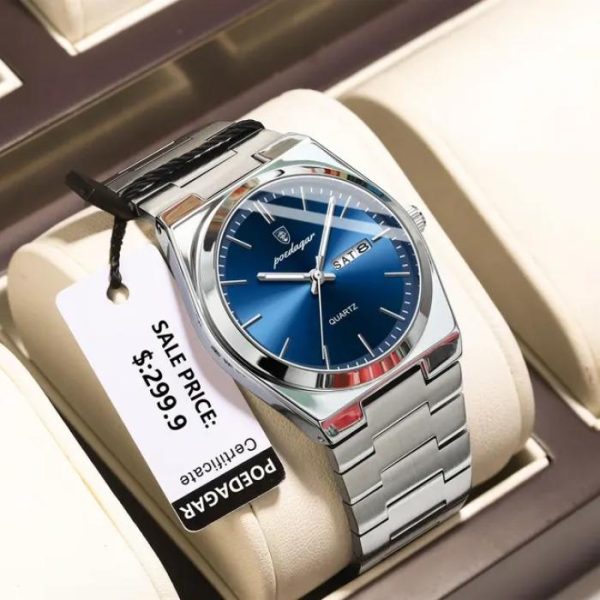 POEDAGAR Men's New Luxury Luminous Date Week Stainless Steel Quartz Watch For Men.