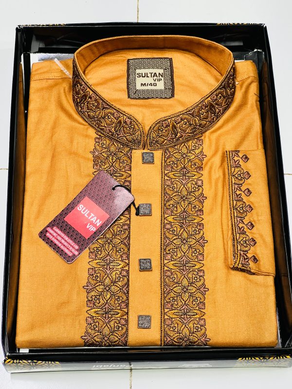 Men's Premium Embroidered Panjabi – Golden Mustard | Sultan VIP