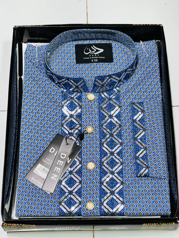 Men's Cotton Panjabi - Soft Blue Print