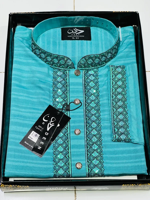 Men's Premium Embroidered Panjabi – Turquoise Blue