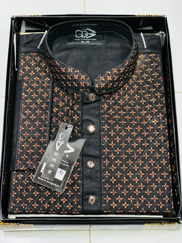 Men's Jet Black Panjabi with Golden & Maroon Embroidery – Festive Edition