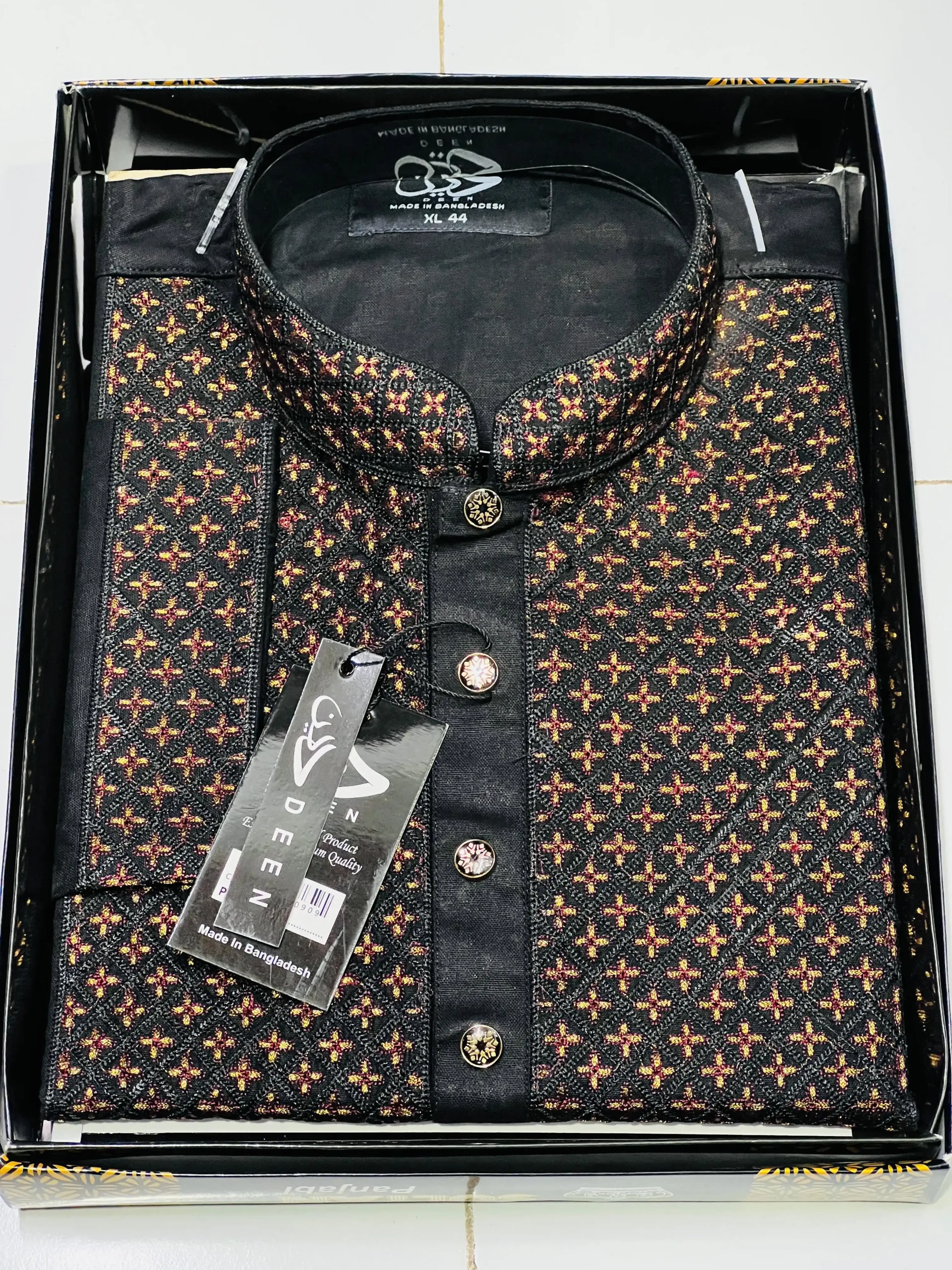Men's Jet Black Panjabi with Golden & Maroon Embroidery – Festive Edition